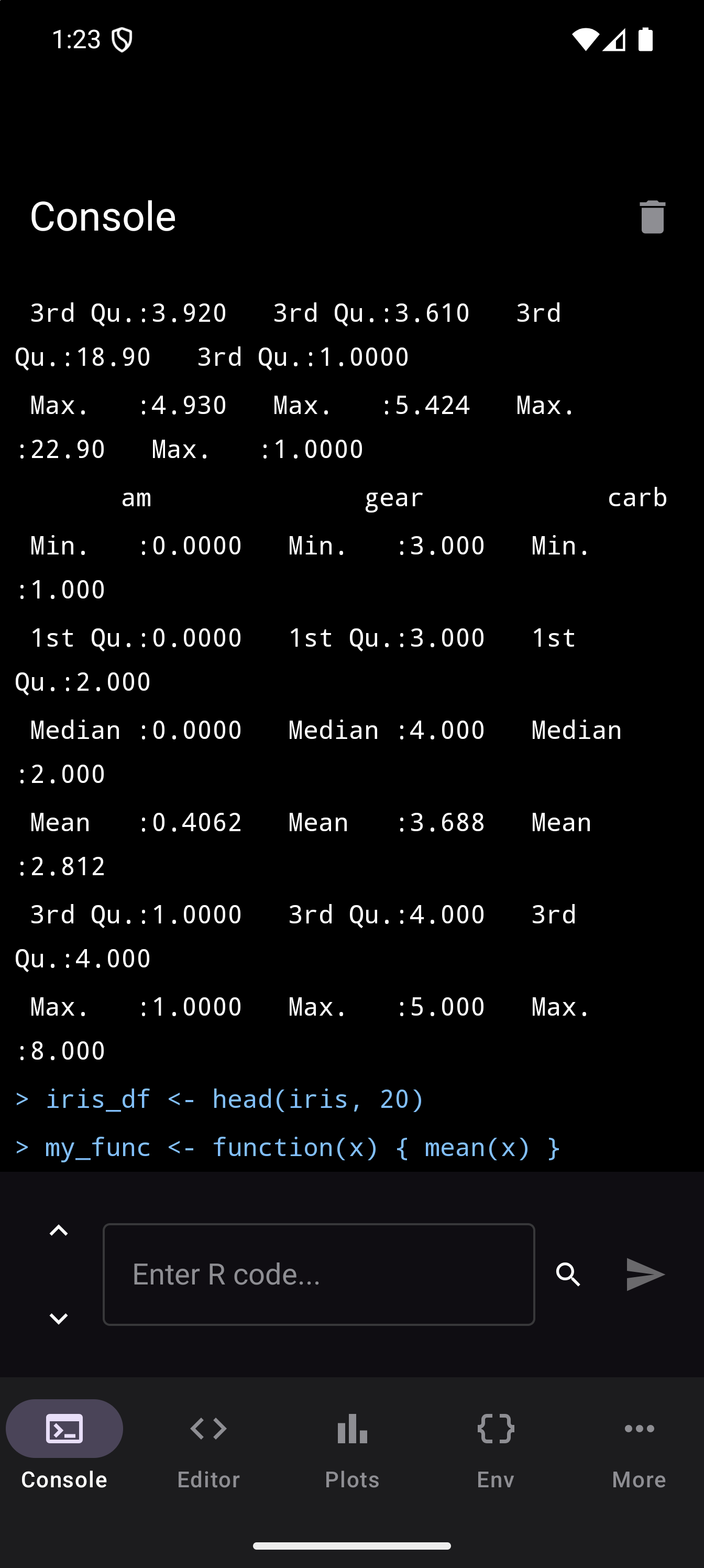Console showing R commands and colored output in dark theme