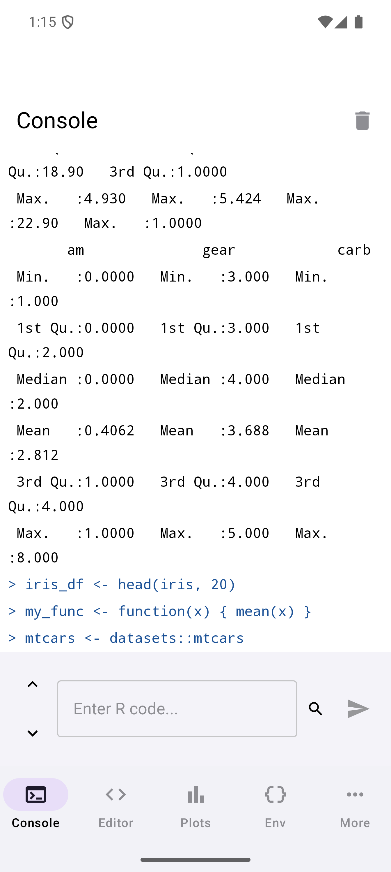 Console showing R commands and colored output in light theme
