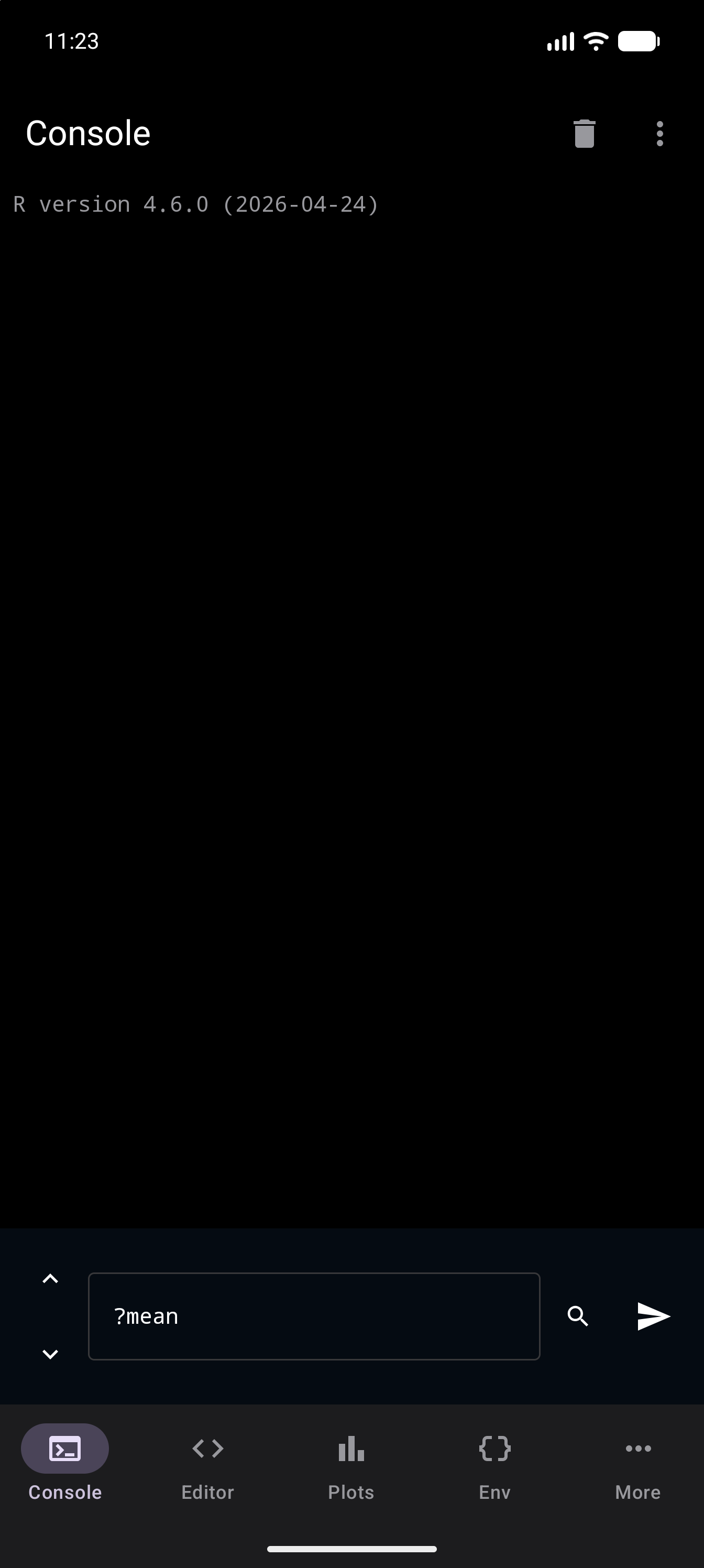 Console with ?mean typed in the input field at the bottom, ready to run, in dark mode