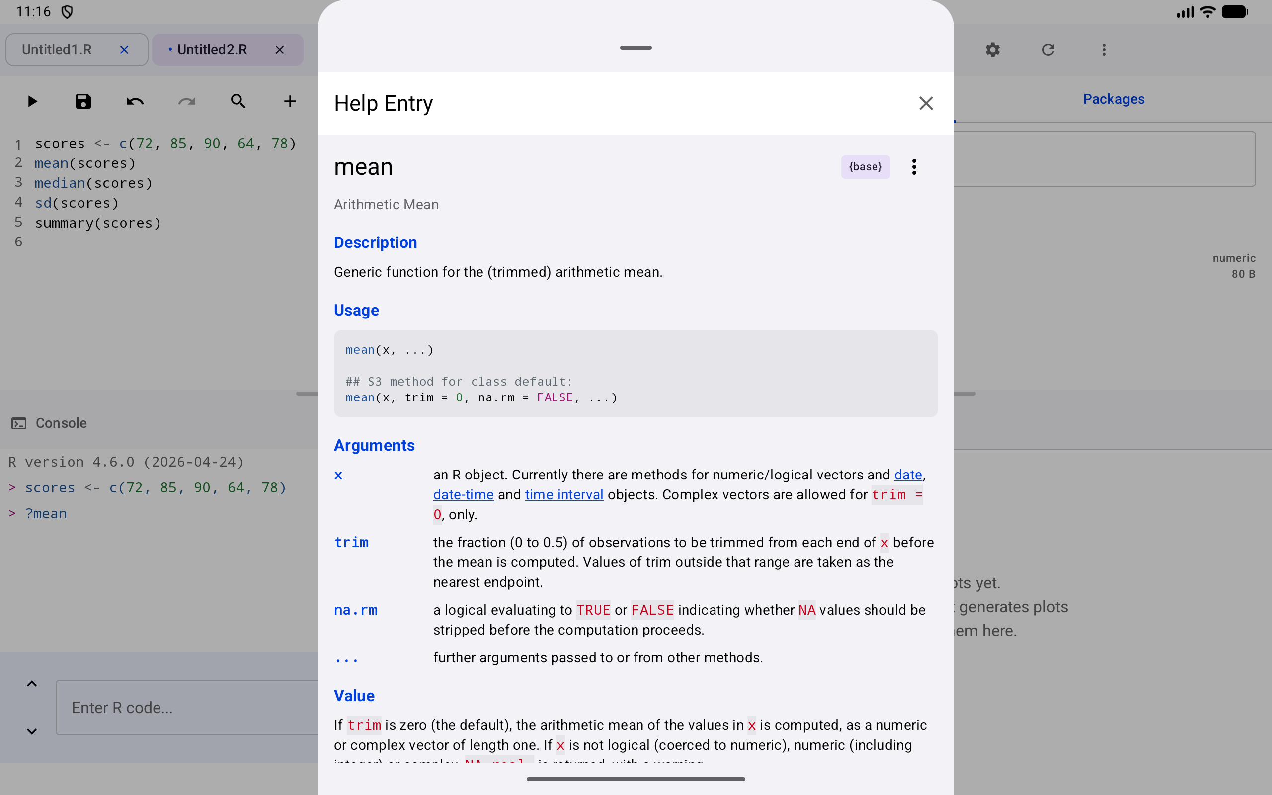 The Help Entry sheet for mean, centered over the Workspace on a tablet, after running ?mean in the Console pane
