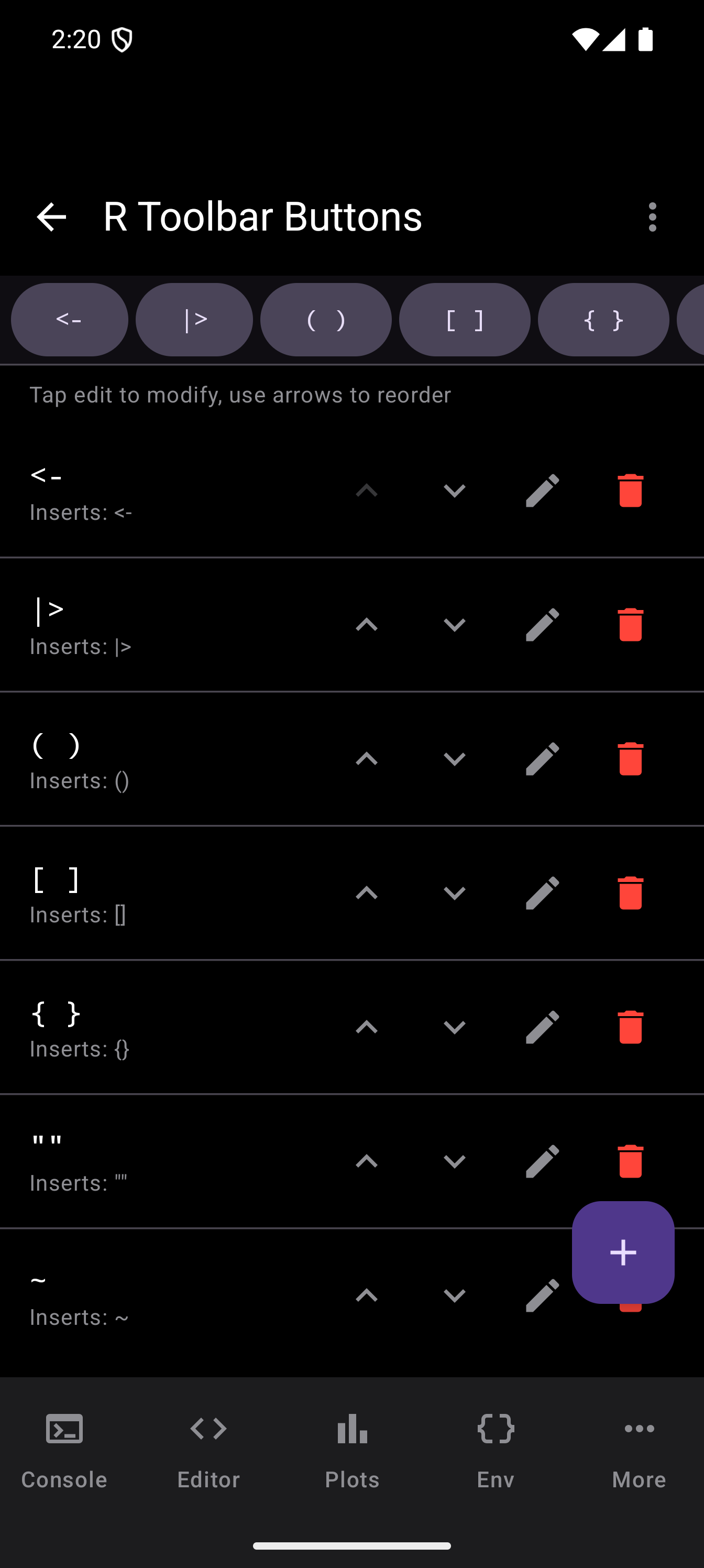 R Toolbar Buttons settings screen in dark theme
