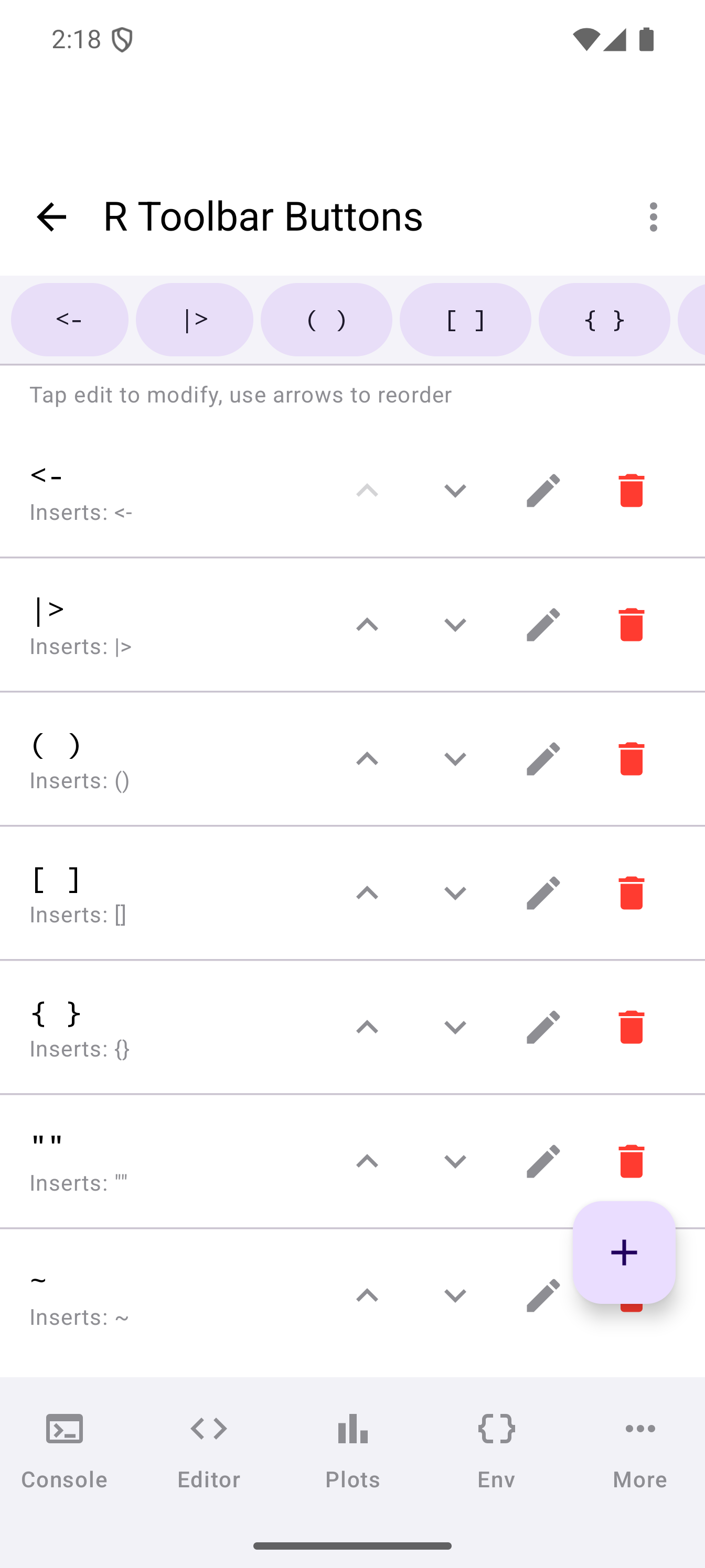 R Toolbar Buttons settings screen in light theme